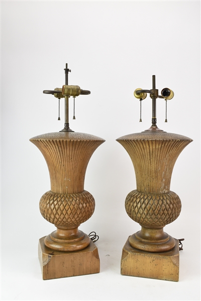 Two Vintage Wooden Carved Table Lamps