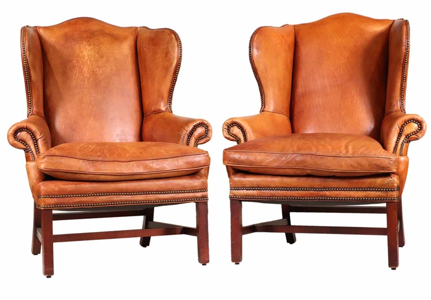 Pair of Ralph Lauren Brown Leather Wing Chairs