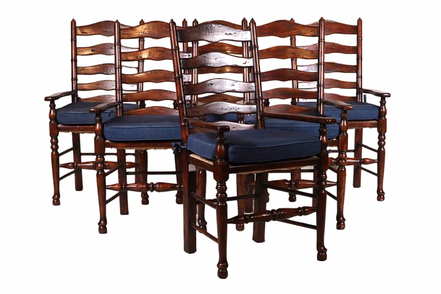 Six Ladderback Rust Seat Armchairs