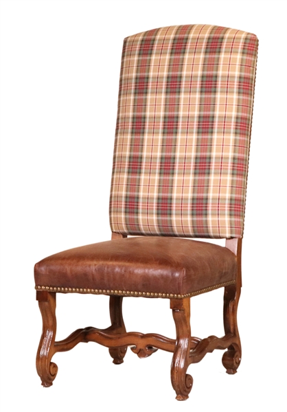 Baroque Style Plaid and Leather Upholstered Chair