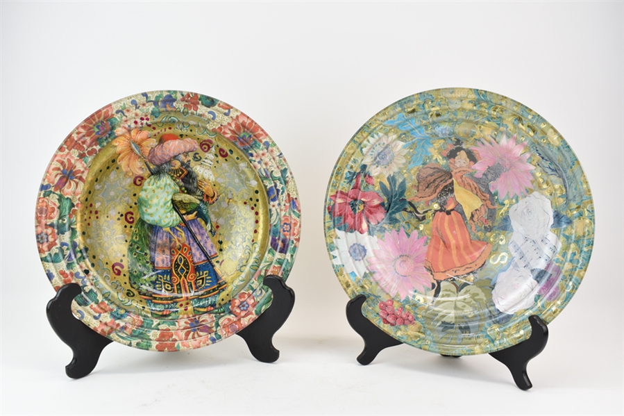 Pair of Eglomised Decoupaged Art Glass Bowls
