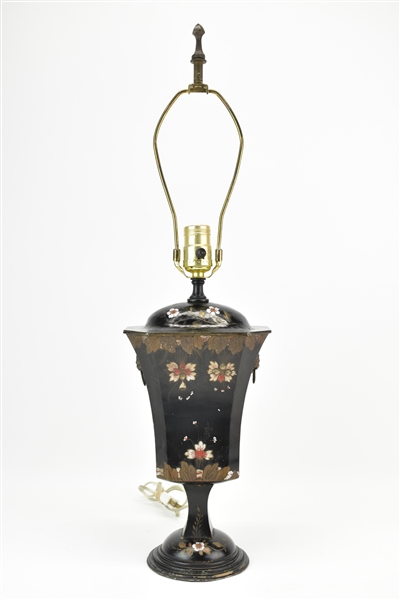 Vintage Black Toleware Hand Painted Table Lamp