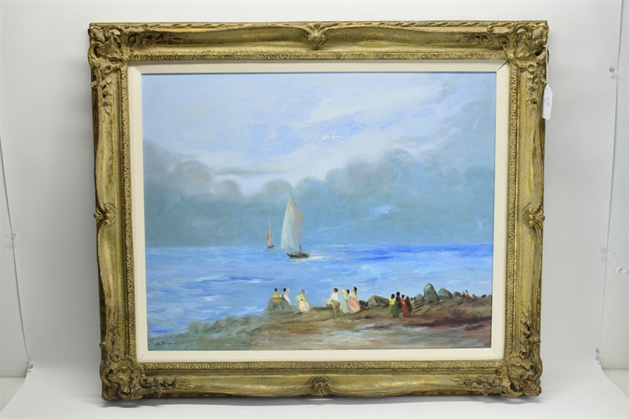 Stephanos Sideris Oil on Canvas Sailboats & Beach