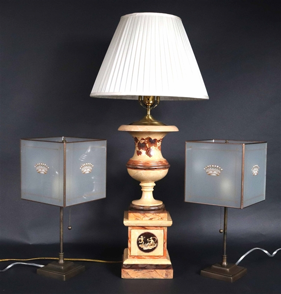 Pair of Square-Shaped Crown Motif Lamps
