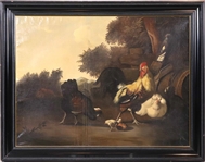 European School Oil on Canvas, Rooster & Chickens