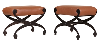 Pair of Iron and Leather Curule Stools