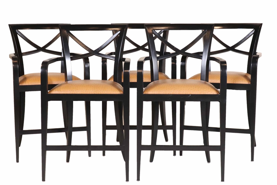 Five Modern Ebonized and Ostrich Barstools