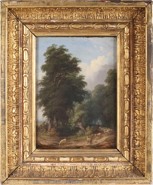 Oil on Canvas, Shepherd and Sheep in Forest