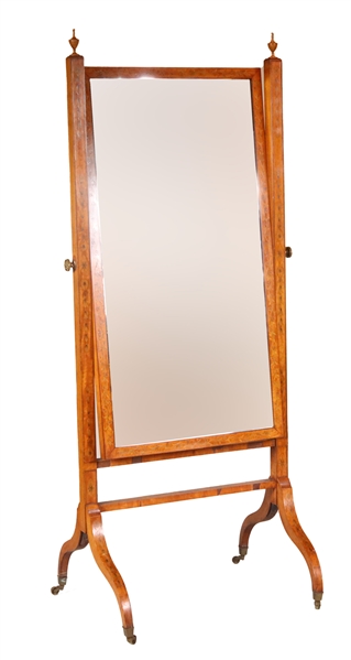 George III Inlaid Satinwood Penwork Cheval Mirror