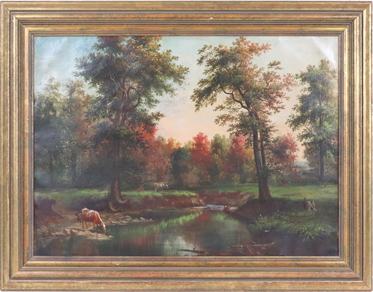 Oil on Canvas, Bucolic Landscape with Cows
