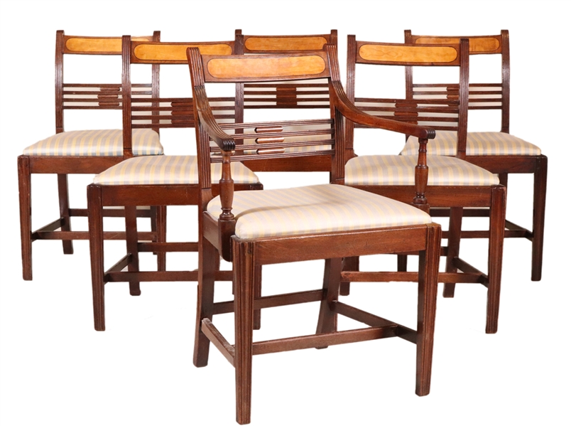Six Late Georgian Inlaid Mahogany Dining Chairs