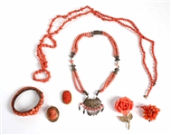 Seven Vintage Coral and Faux Coral Jewelry Pieces