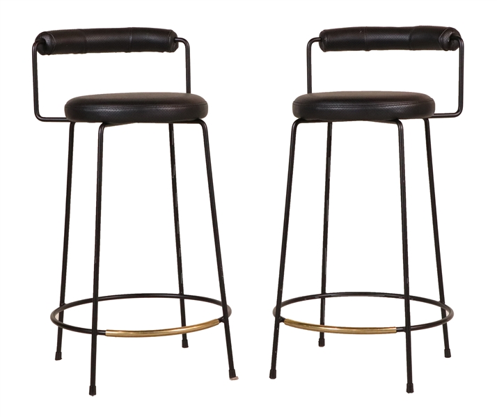 Pair of Modern Black Leather and Metal Barstools