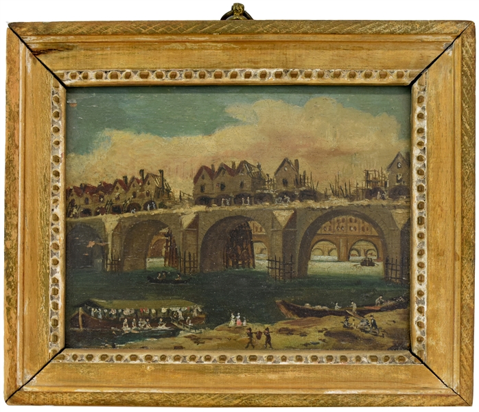 Old Master Oil on Panel View of Old London Bridge