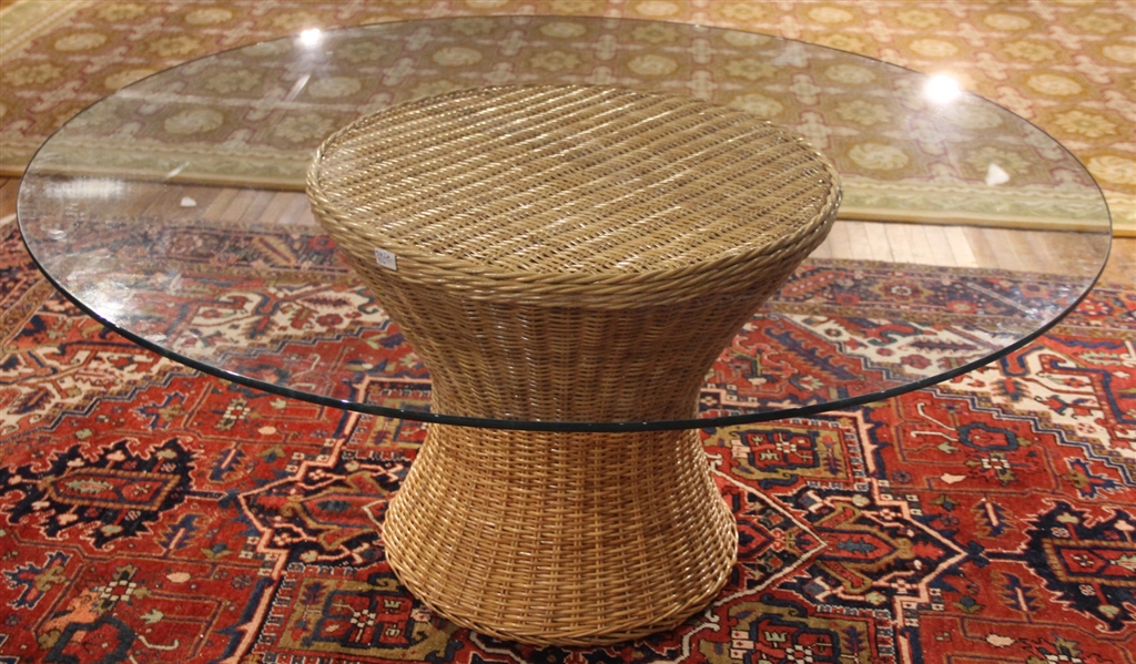 Rattan and Glass Top Round Dining Table