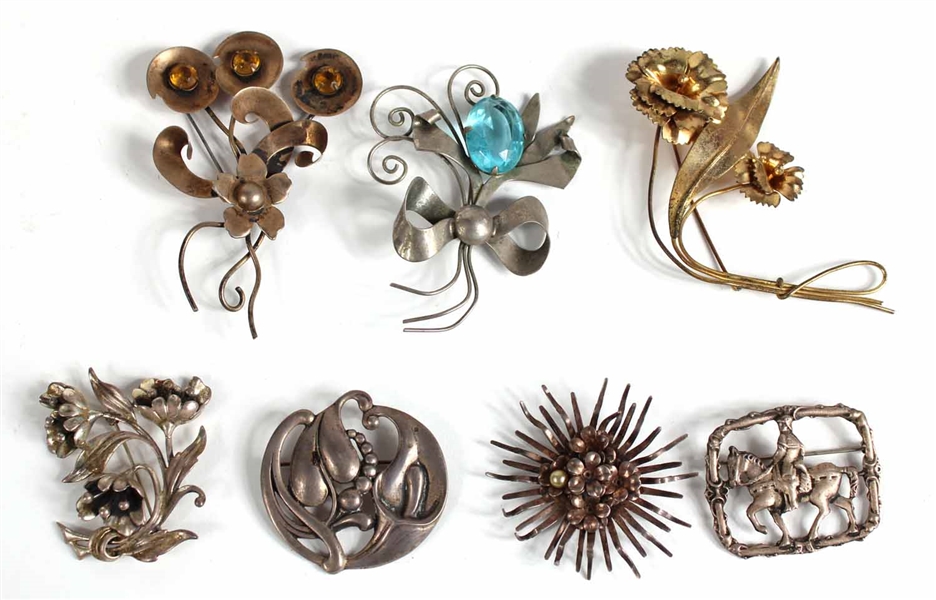 Six Floral Sterling Silver Brooches