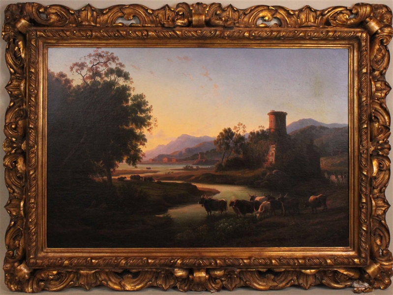 Oil on Canvas, Cows and Castle Along River