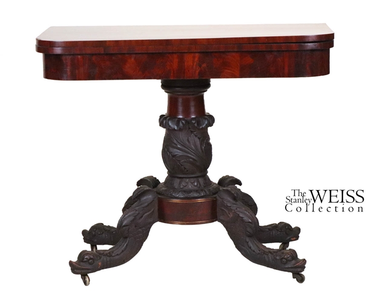 Classical Brass-Inlaid Carved Mahogany Card Table