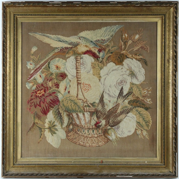 Large Needlework of Two Parrots and Floral Basket