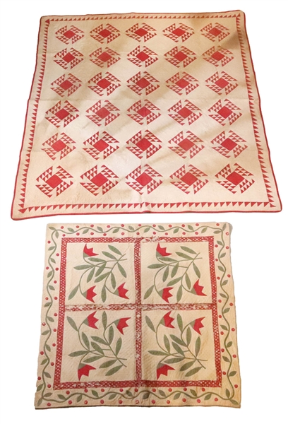 Two Pieced and Applique Red and White Quilts