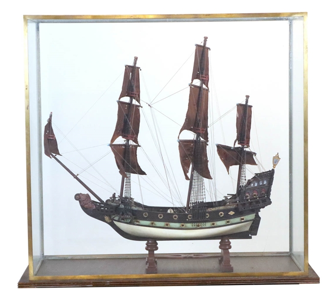 Wood Ship Model of a Schooner in Glass Case