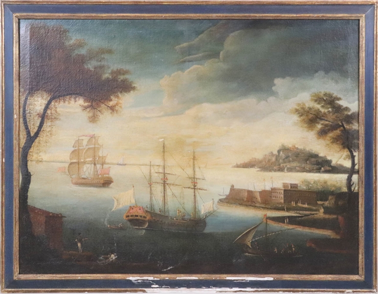 European School, Oil on Canvas, Harbor with Ships