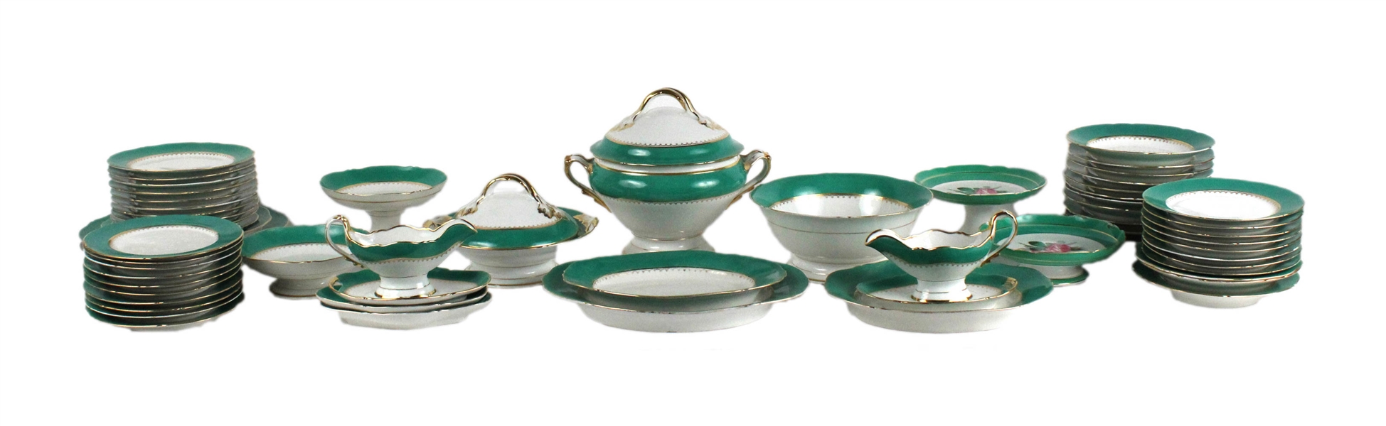 Partial Emerald Green and Floral Dinner Service