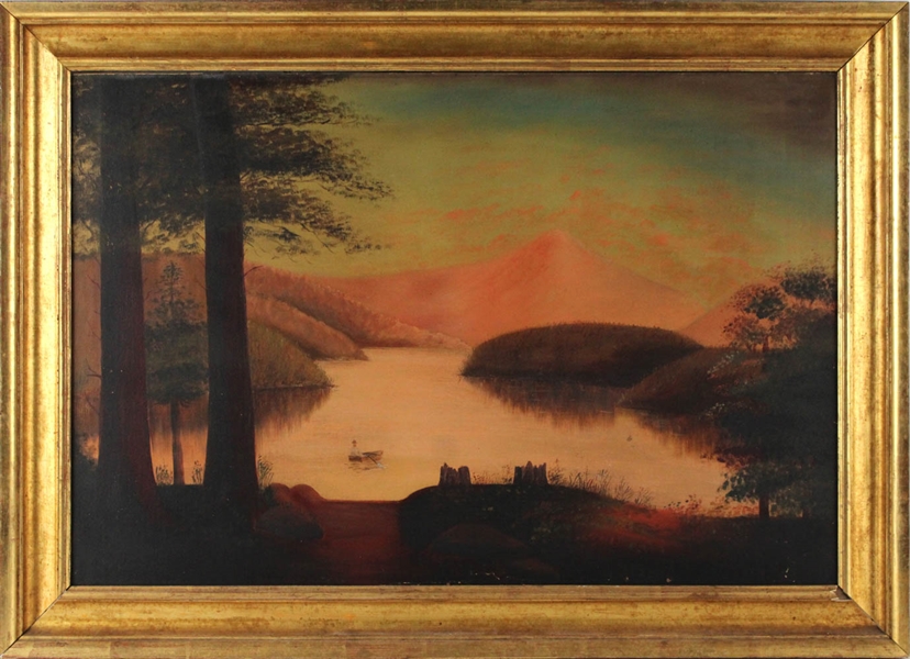 American School, Oil on Canvas Lakeside at Sunset