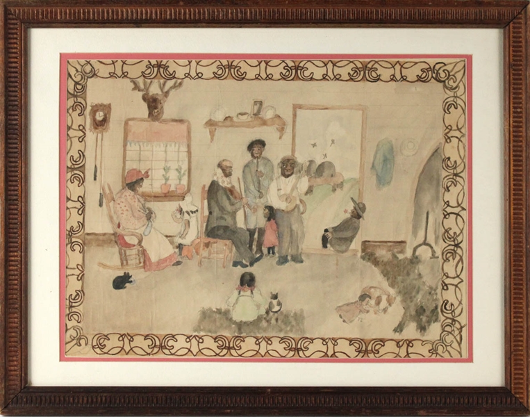 Folk Art Drawing of Domestic Family Scene