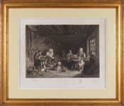 Print, Peasants Weaving in Interior Scene
