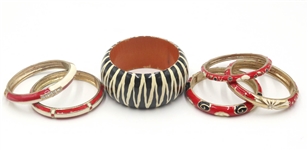 Five Gold Tone Red & Ivory Color Bangle Bracelets