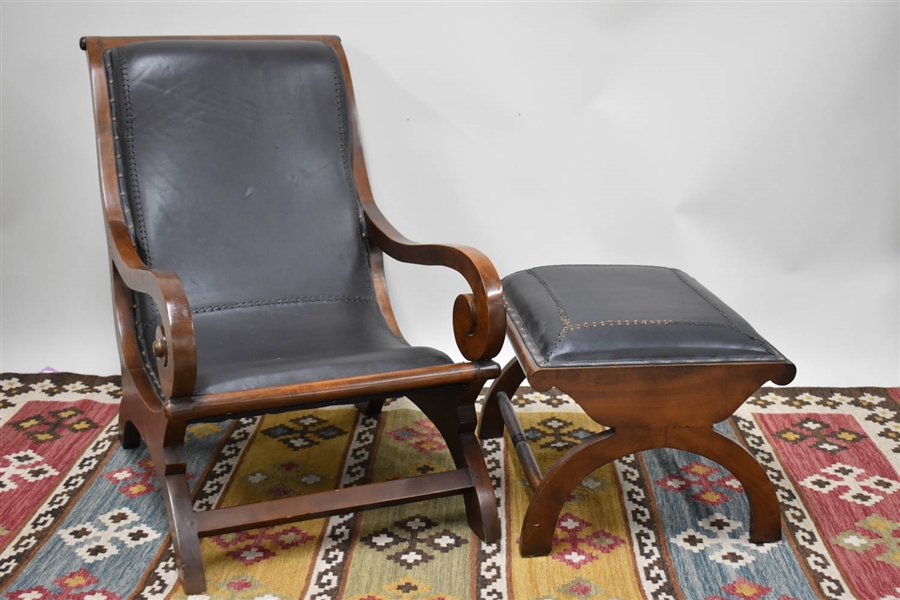 Teak Wood and Leather Chair & Ottoman Set