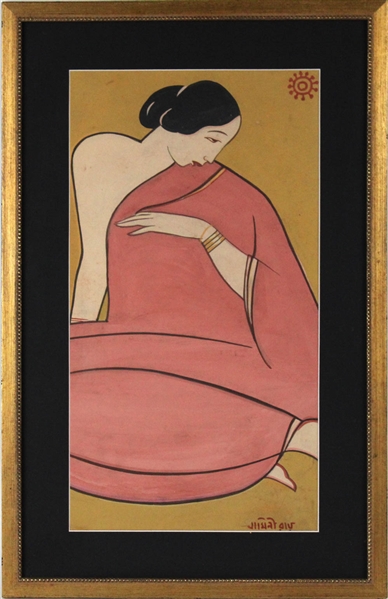 Jamini Roy, Tempera on Card, Woman in Pink Sari