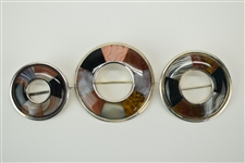 3 Victorian Scottish Silver Agate Circular Pins