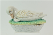 Majolica Large Duck Form Covered Bowl 