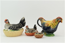 Group of 3 Polychrome Majolica Hen Covered Dishes