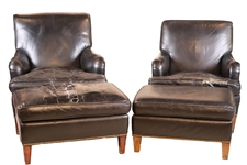 Two Black Faux Leather Club Chairs and Ottomans