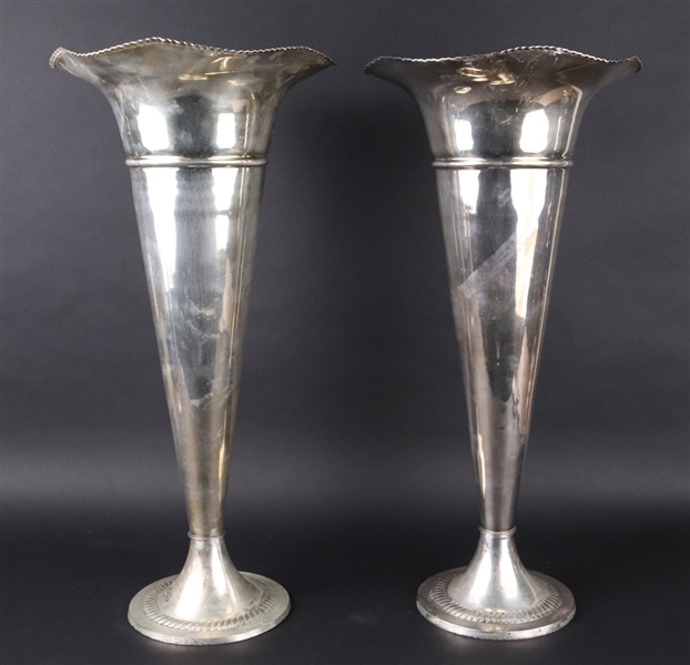 Pair of Large Silver Plated Trumpet Vases