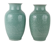 Two Similar of Large Chinese Carved Celadon Vases