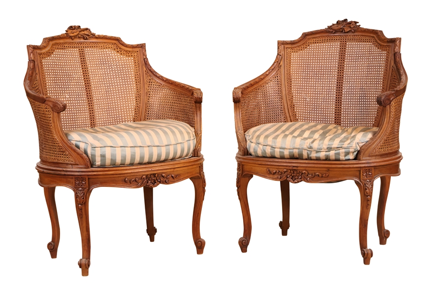 Pair of Louis XV Style Carved Fruitwood Armchairs