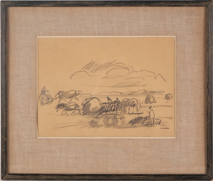 Gifford Beal, Pencil on Paper, Horse and Wagons