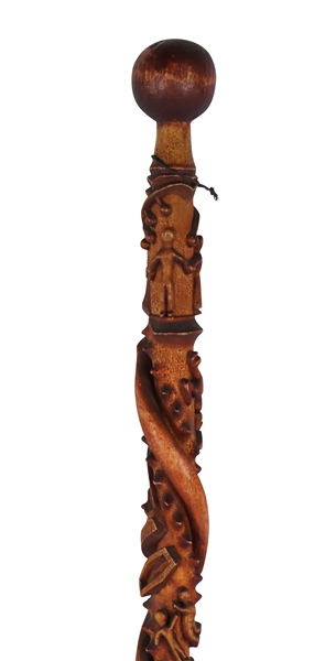 Carved Snake Cane with Religious Symbolism