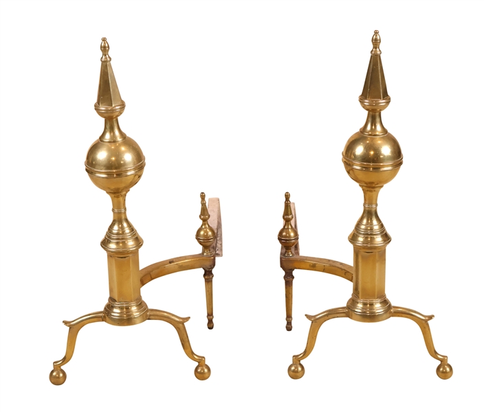 Pair of Federal Cast Brass&Wrought-Iron Andirons