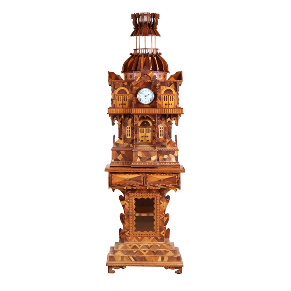 Folk Marquetry & Parquetry Inlaid Clock on Stand