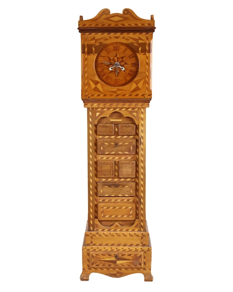 Folk Parquetry Inlaid Clock Over Pedestal