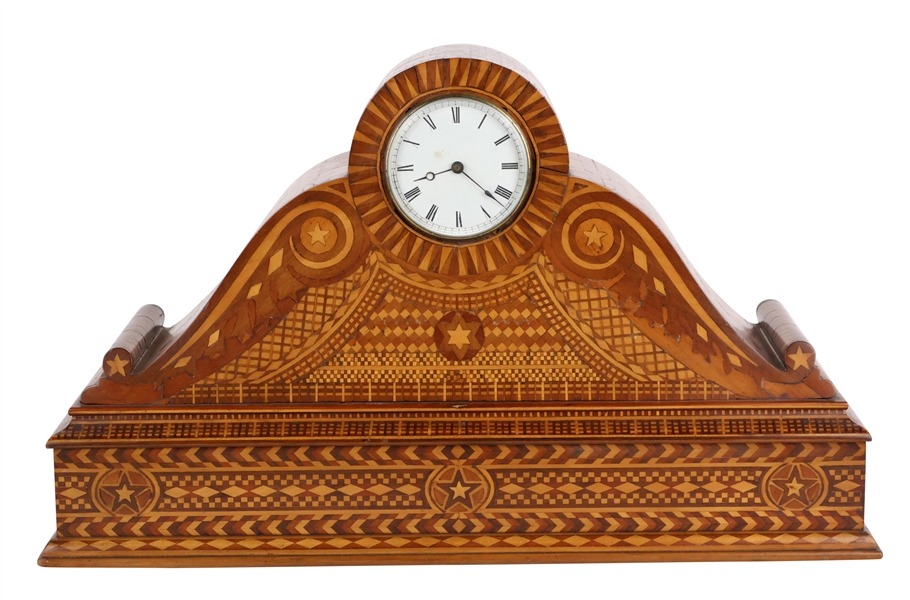 Folk Parquetry and Marquetry Inlaid Scroll Clock