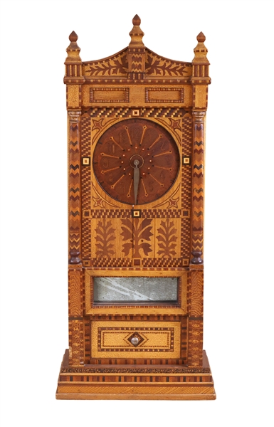 Folk Parquetry and Inlay Shelf Clock with Drawer