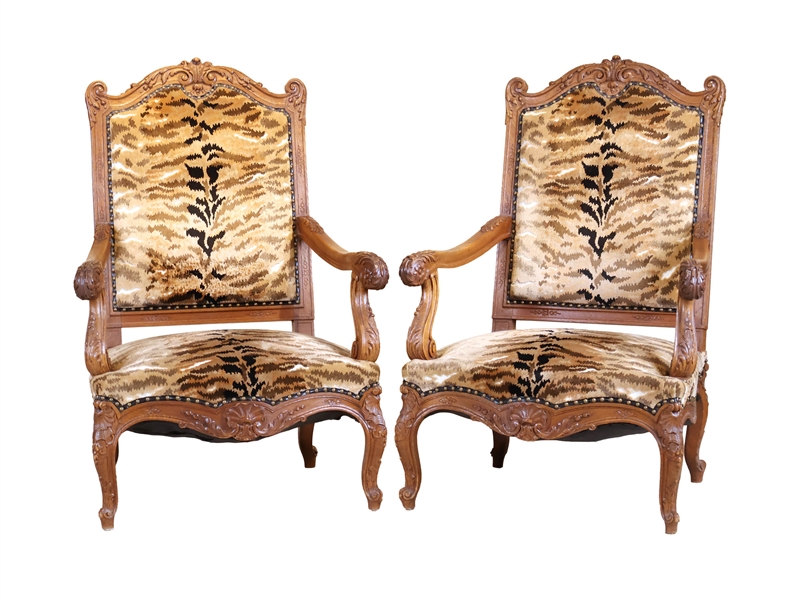 Pair of Louis XV Style Carved Oak Fauteuil